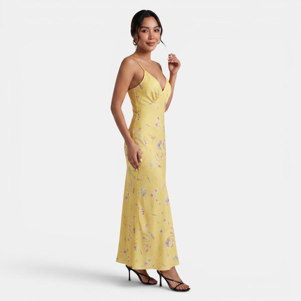 Damska sukienka maxi w kwiaty z dekoltem w serek-Maxi Dress-Olave