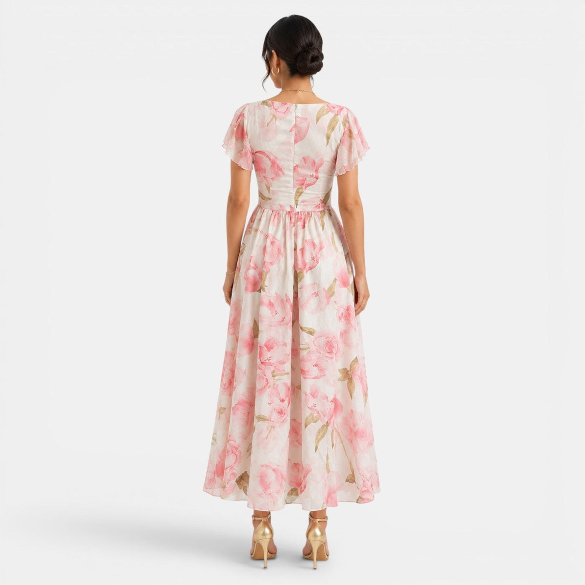 Damska sukienka maxi w kwiaty z dekoltem w serek-Maxi Dress-Olave