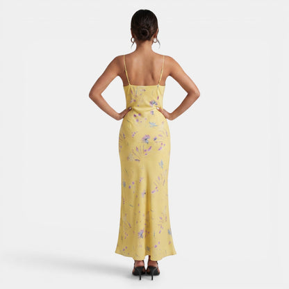 Damska sukienka maxi w kwiaty z dekoltem w serek-Maxi Dress-Olave