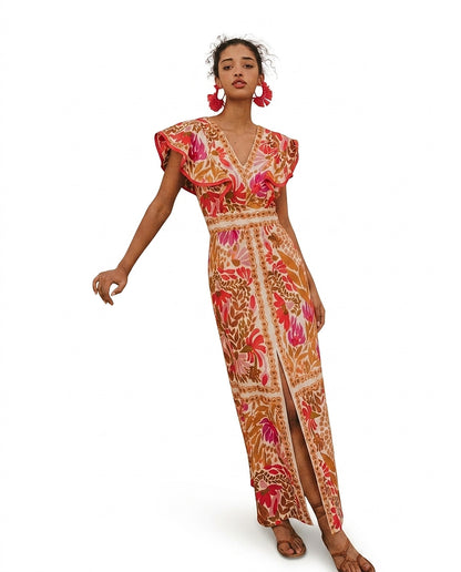 Damska sukienka maxi w kwiaty z dekoltem w serek-Maxi dresses-Olave