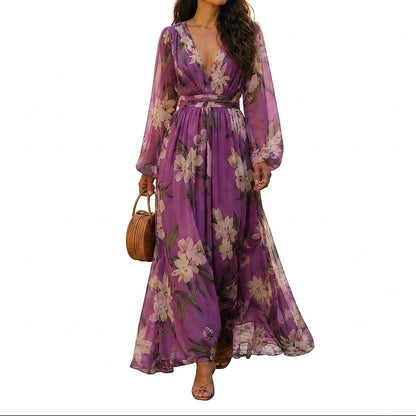 Damska sukienka maxi w kwiaty z dekoltem w serek-Maxi Dress-Olave