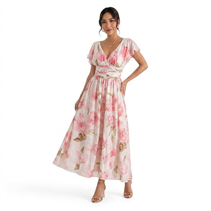 Damska sukienka maxi w kwiaty z dekoltem w serek-Maxi Dress-Olave