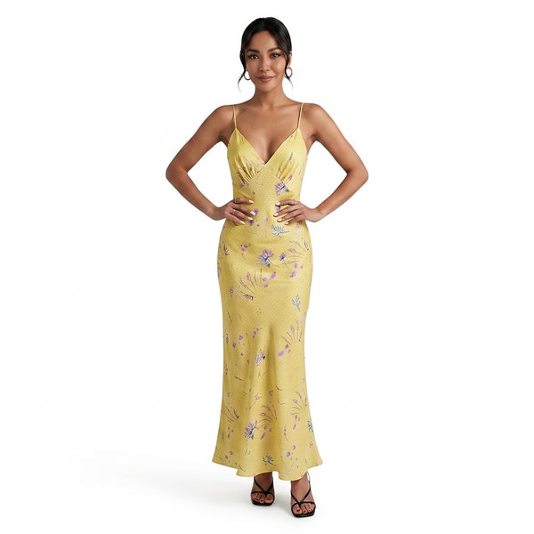 Damska sukienka maxi w kwiaty z dekoltem w serek-Maxi Dress-Olave