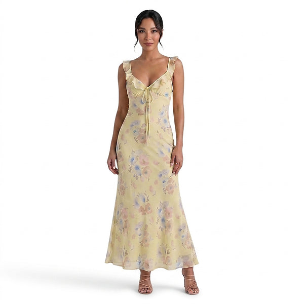 Damska sukienka maxi w kwiaty z falbanką-Maxi Dress-Olave