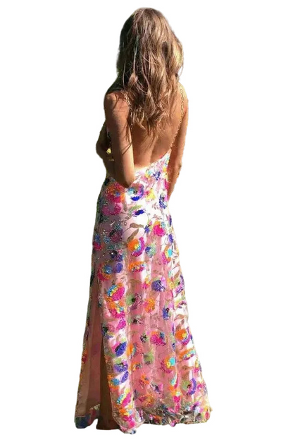 Damska Sukienka Maxi w Kwiaty z Odkrytymi Plecami i Rozcięciem-Maxi Dress-Olave