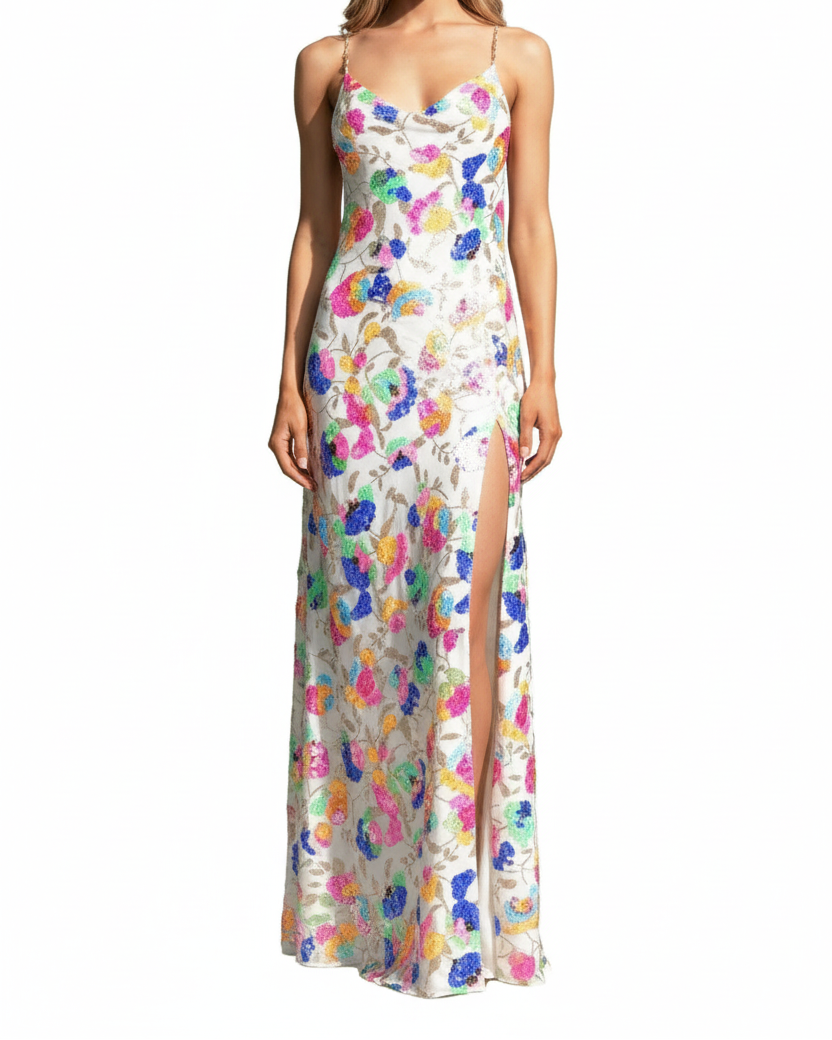 Damska Sukienka Maxi w Kwiaty z Odkrytymi Plecami i Rozcięciem-Maxi Dress-Olave