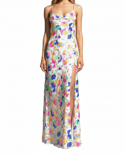 Damska Sukienka Maxi w Kwiaty z Odkrytymi Plecami i Rozcięciem-Maxi Dress-Olave