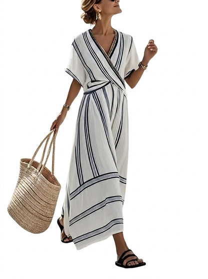 Damska sukienka maxi w paski z dekoltem w serek-Maxi Dress-Olave