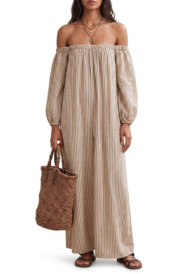 Damska sukienka maxi w paski z odkrytymi ramionami-Maxi Dress-Olave
