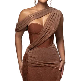 Damska sukienka maxi z asymetrycznym ramieniem i drapowanymi panelami-Maxi Dress-Olave