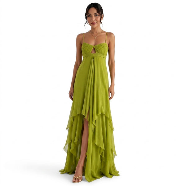 Damska sukienka maxi z asymetrycznymi falbanami-Maxi Dress-Olave