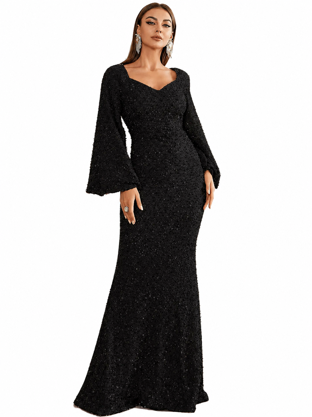 Damska Sukienka Maxi z Cekinami z Dekoltem w Kształcie V i Rozkloszowanymi Rękawami-Maxi Dress-Olave