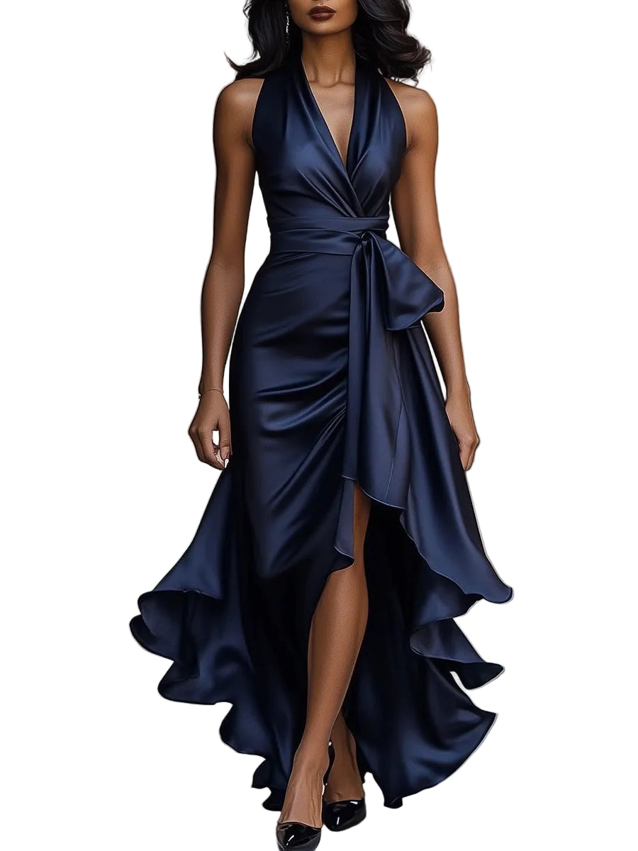 Damska sukienka Maxi z Dekoltem Halter i Drapowaną Talią-Maxi Dress-Olave