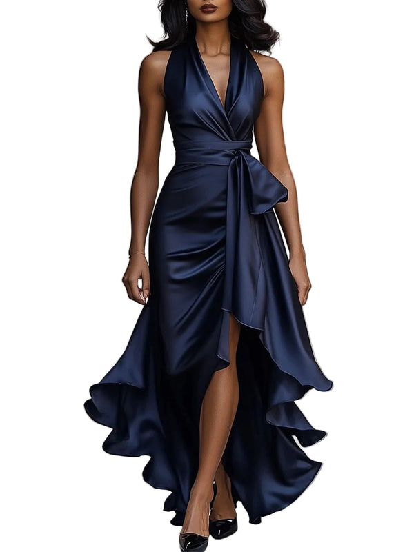 Damska sukienka Maxi z Dekoltem Halter i Drapowaną Talią-Maxi Dress-Olave