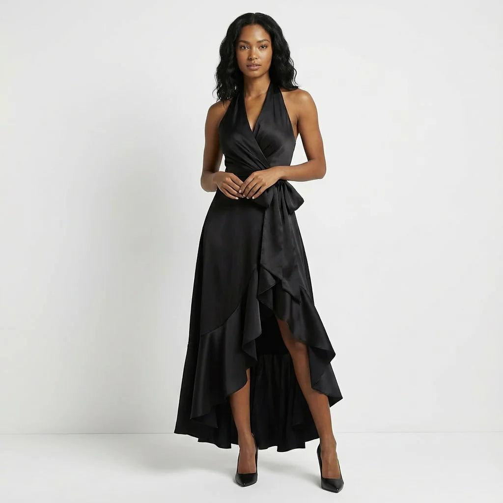 Damska sukienka maxi z dekoltem halter i kopertowym przodem-Maxi Dress-Olave