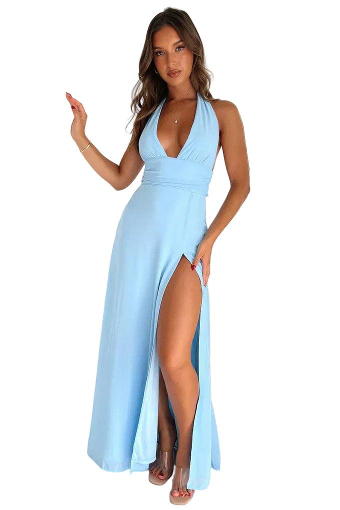 Damska Sukienka Maxi z Dekoltem Halter i Wysokim Rozcięciem-Maxi Dress-Olave