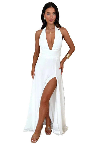 Damska Sukienka Maxi z Dekoltem Halter i Wysokim Rozcięciem-Maxi Dress-Olave