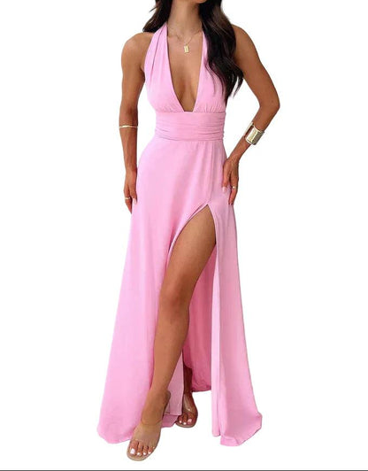 Damska Sukienka Maxi z Dekoltem Halter i Wysokim Rozcięciem-Maxi Dress-Olave