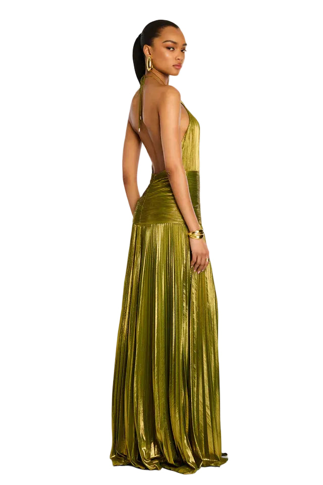 Damska Sukienka Maxi z dekoltem halter, plisowaną spódnicą i rozcięciem-Maxi Dress-Olave