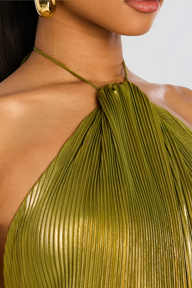 Damska Sukienka Maxi z dekoltem halter, plisowaną spódnicą i rozcięciem-Maxi Dress-Olave