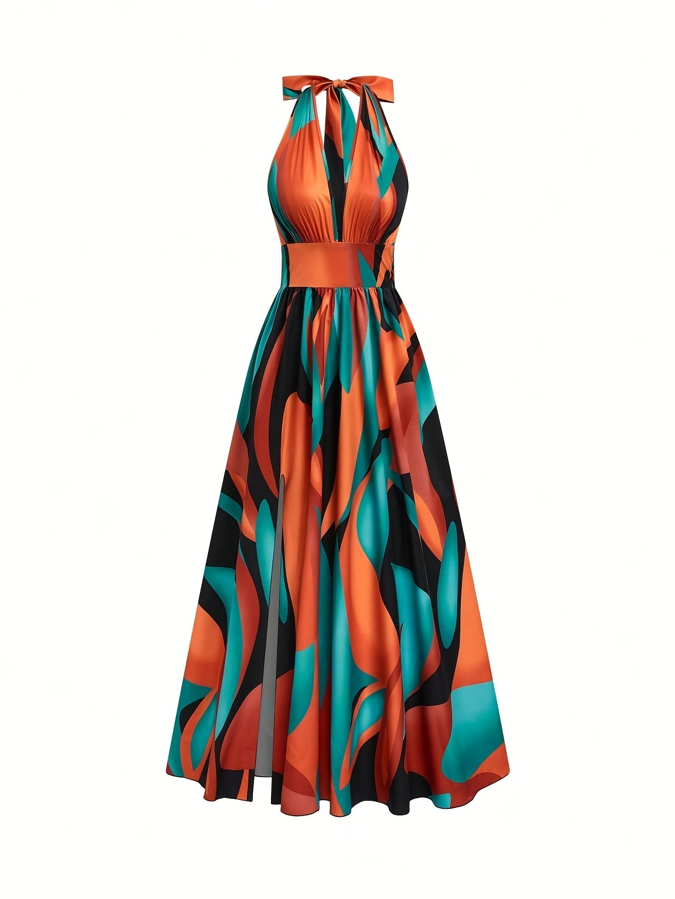 Damska sukienka maxi z dekoltem typu halter i abstrakcyjnym wzorem-Maxi Dress-Olave