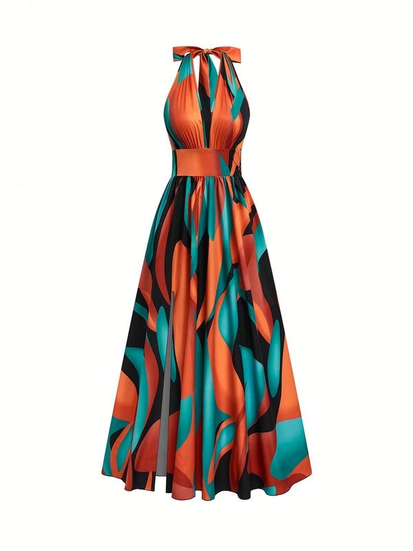 Damska sukienka maxi z dekoltem typu halter i abstrakcyjnym wzorem-Maxi Dress-Olave