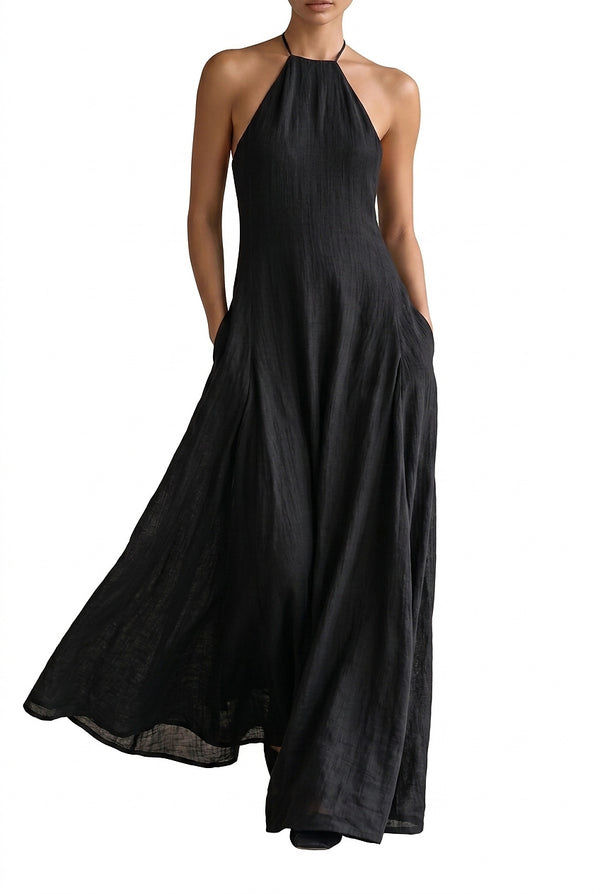 Damska sukienka maxi z dekoltem typu halter i kieszeniami bocznymi-Maxi Dress-Olave
