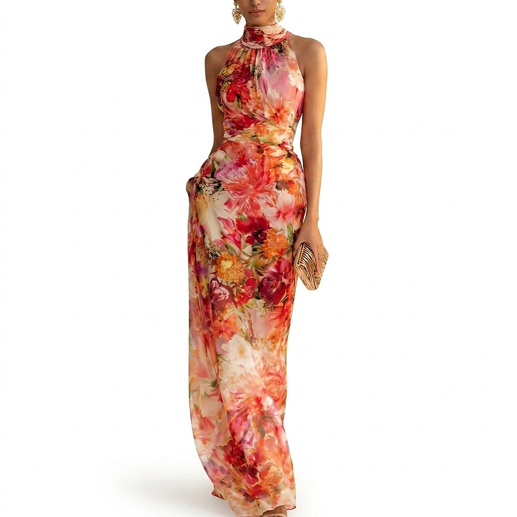 Damska sukienka maxi z dekoltem typu halter w kwiatowy wzór-Maxi Dress-Olave