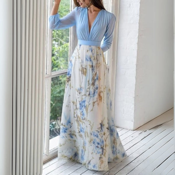 Damska sukienka maxi z dekoltem w serek i długimi rękawami-Maxi Dress-Olave