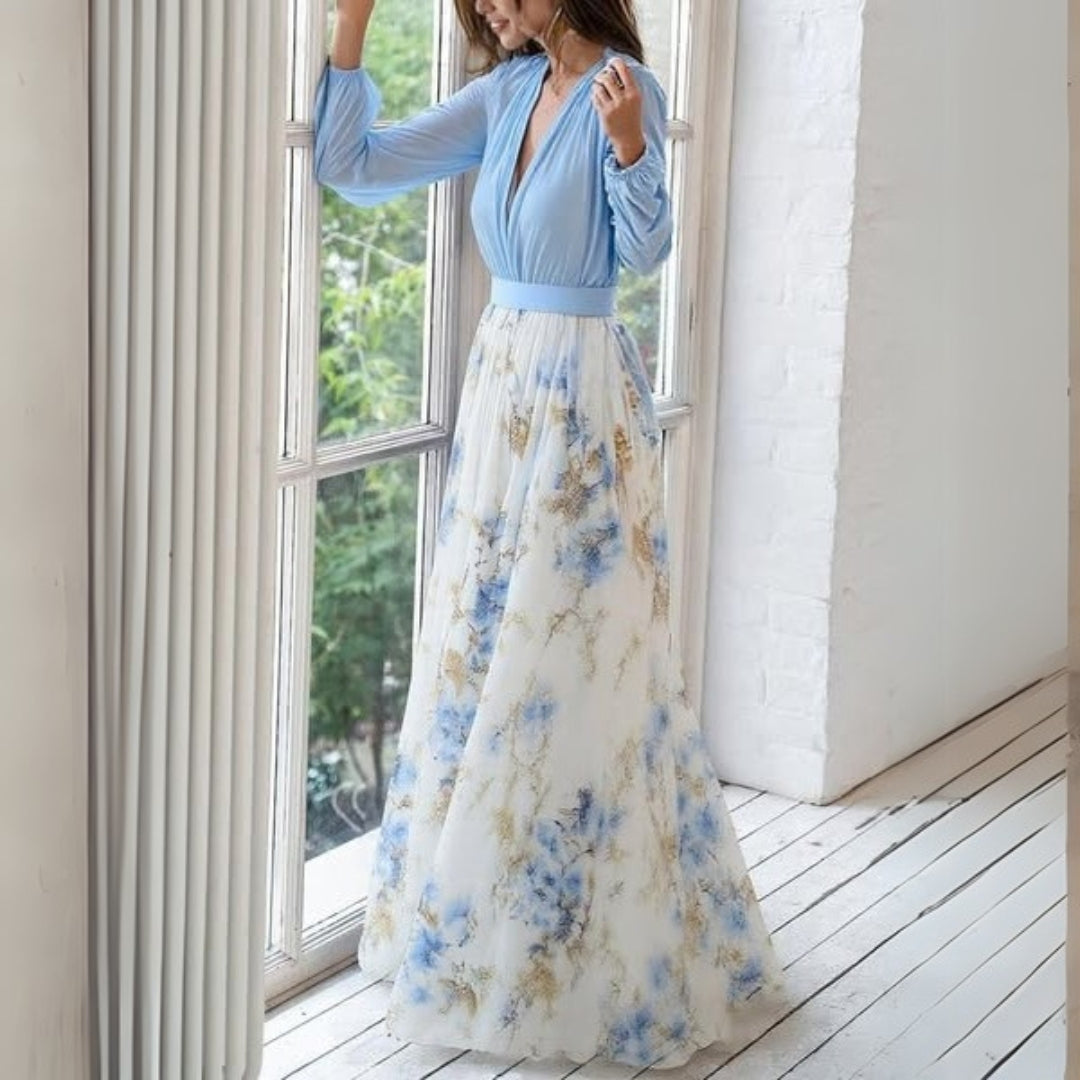 Damska sukienka maxi z dekoltem w serek i długimi rękawami-Maxi Dress-Olave