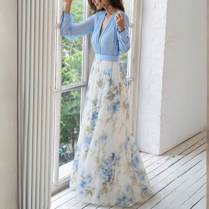 Damska sukienka maxi z dekoltem w serek i długimi rękawami-Maxi Dress-Olave