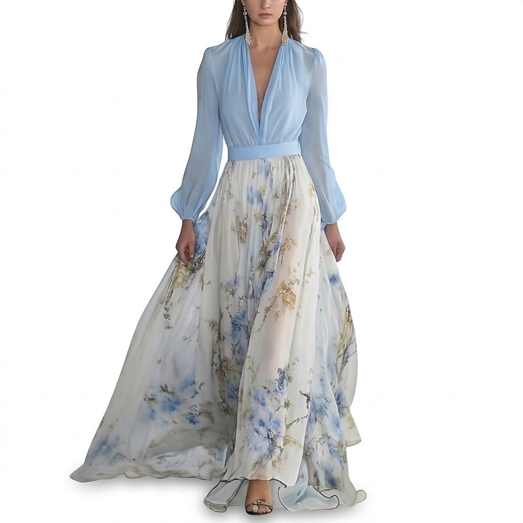 Damska sukienka maxi z dekoltem w serek i długimi rękawami-Maxi Dress-Olave