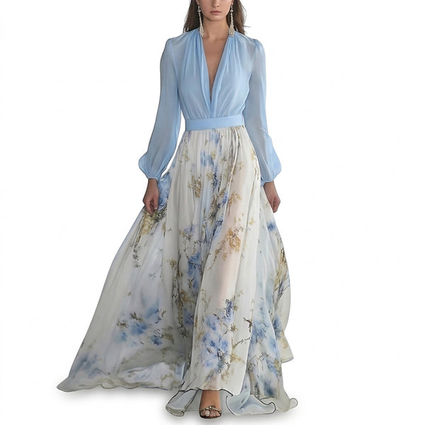Damska sukienka maxi z dekoltem w serek i długimi rękawami-Maxi Dress-Olave