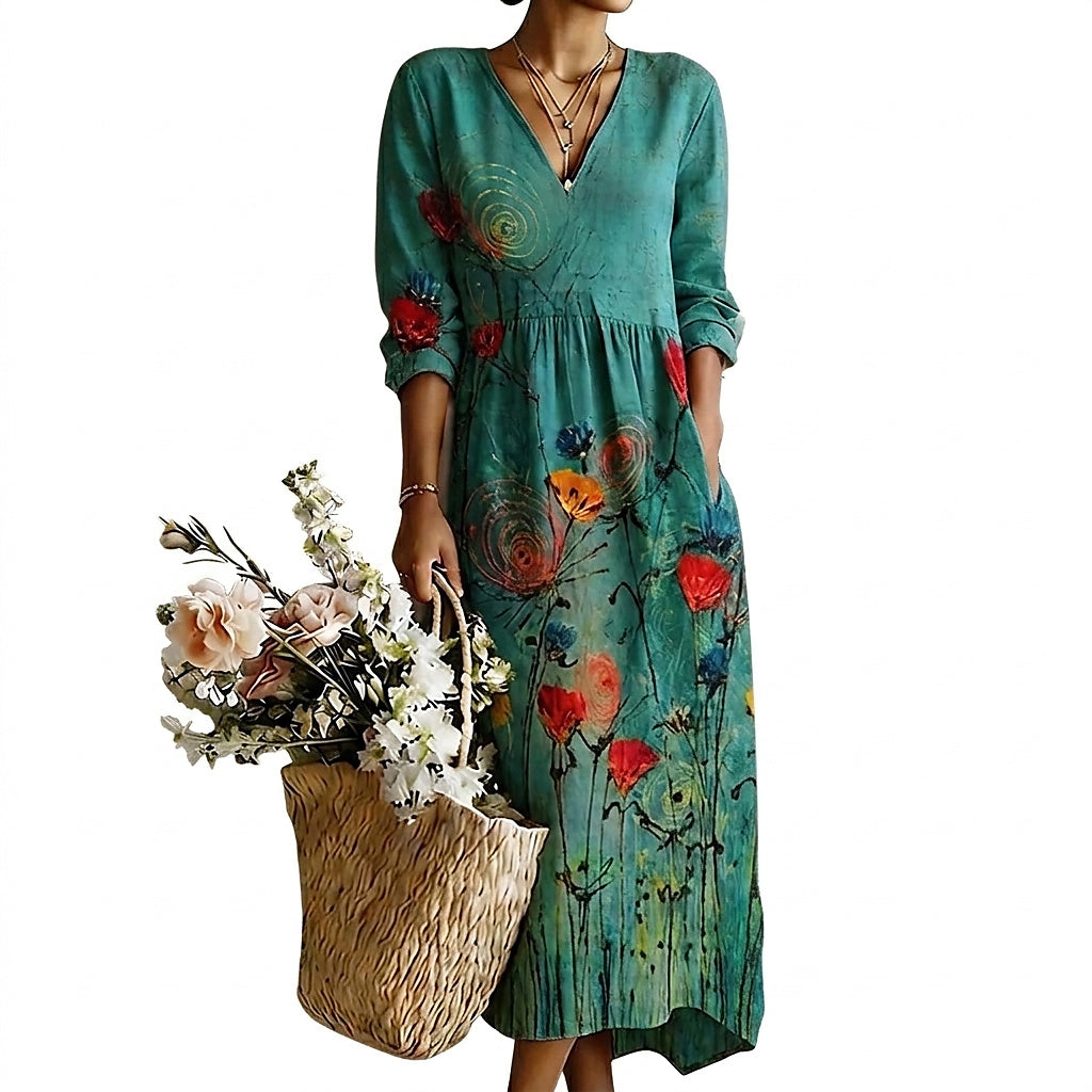Damska sukienka maxi z dekoltem w serek i kwiatowym wzorem-Maxi Dress-Olave