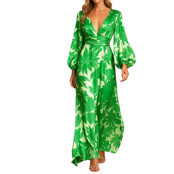 Damska sukienka maxi z długim rękawem i dekoltem w kształcie V z marszczoną talią-Maxi Dress-Olave