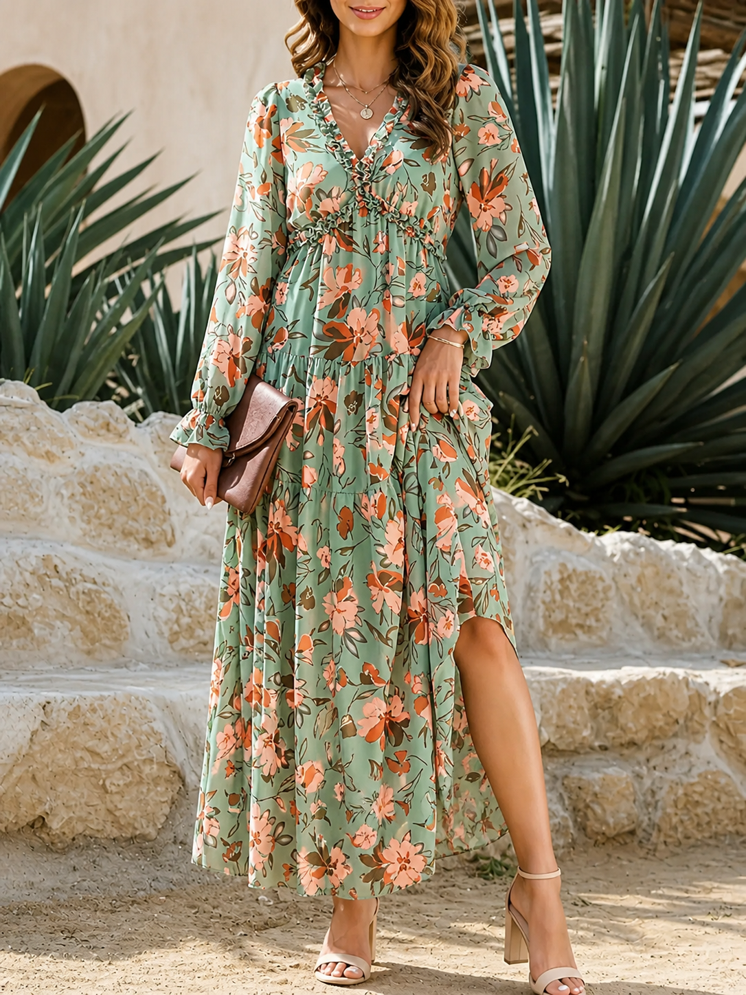 Damska sukienka maxi z długim rękawem z dekoltem V i warstwową spódnicą z wzorem kwiatowym-Maxi Dress-Olave