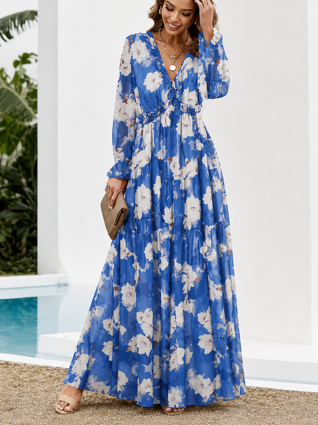 Damska sukienka maxi z długim rękawem z dekoltem V i warstwową spódnicą z wzorem kwiatowym-Maxi Dress-Olave