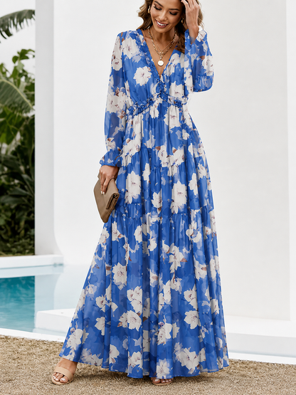 Damska sukienka maxi z długim rękawem z dekoltem V i warstwową spódnicą z wzorem kwiatowym-Maxi Dress-Olave