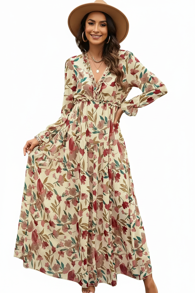 Damska sukienka maxi z długim rękawem z dekoltem V i warstwową spódnicą z wzorem kwiatowym-Maxi Dress-Olave