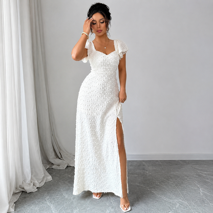 Damska Sukienka Maxi z Fakturowaną Powierzchnią i Rozcięciem z Przodu-Maxi Dress-Olave