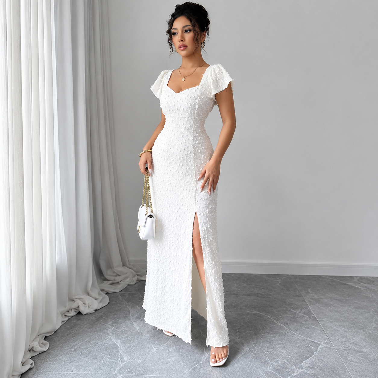Damska Sukienka Maxi z Fakturowaną Powierzchnią i Rozcięciem z Przodu-Maxi Dress-Olave