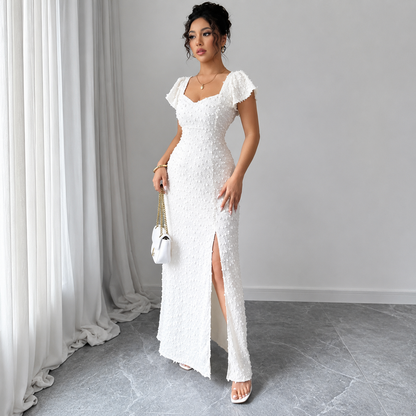 Damska Sukienka Maxi z Fakturowaną Powierzchnią i Rozcięciem z Przodu-Maxi Dress-Olave