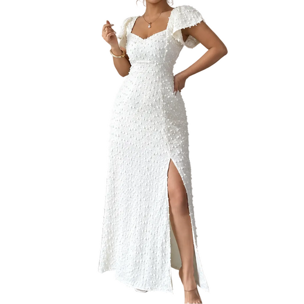 Damska Sukienka Maxi z Fakturowaną Powierzchnią i Rozcięciem z Przodu-Maxi Dress-Olave