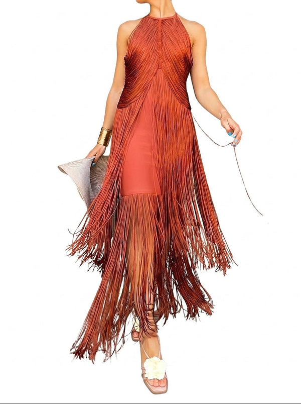Damska sukienka maxi z frędzlami i dekoltem typu halter-Maxi Dress-Olave