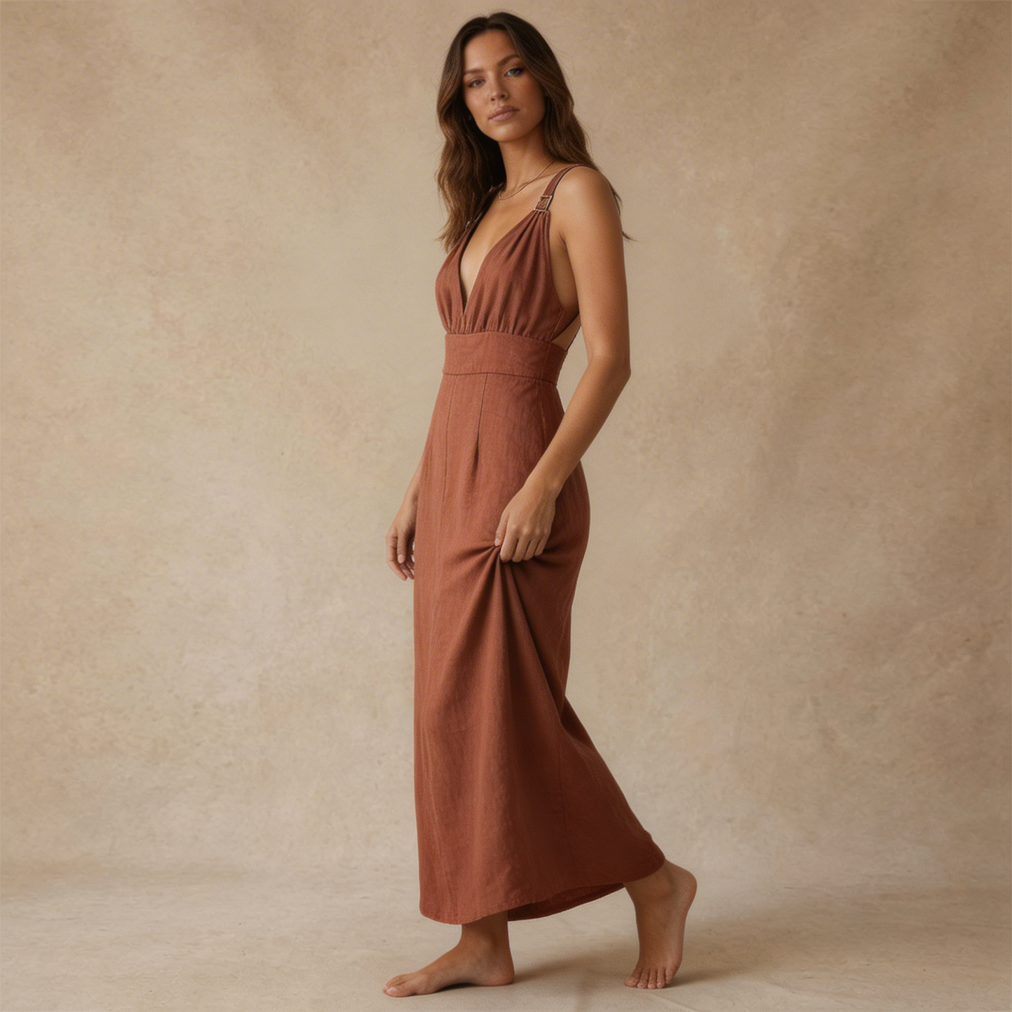Damska Sukienka Maxi z Głębokim Dekoltem V-Maxi Dress-Olave