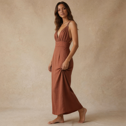 Damska Sukienka Maxi z Głębokim Dekoltem V-Maxi Dress-Olave