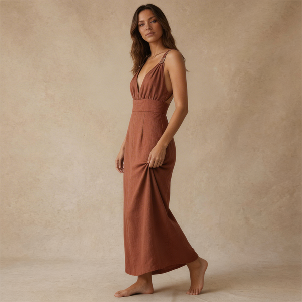 Damska Sukienka Maxi z Głębokim Dekoltem V-Maxi Dress-Olave