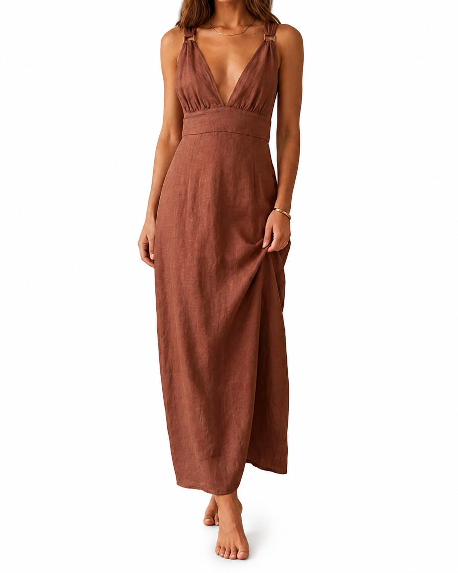 Damska Sukienka Maxi z Głębokim Dekoltem V-Maxi Dress-Olave