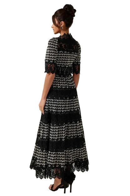 Damska Sukienka Maxi z Koronką i Wzorem Żakardowym-Maxi Dress-Olave