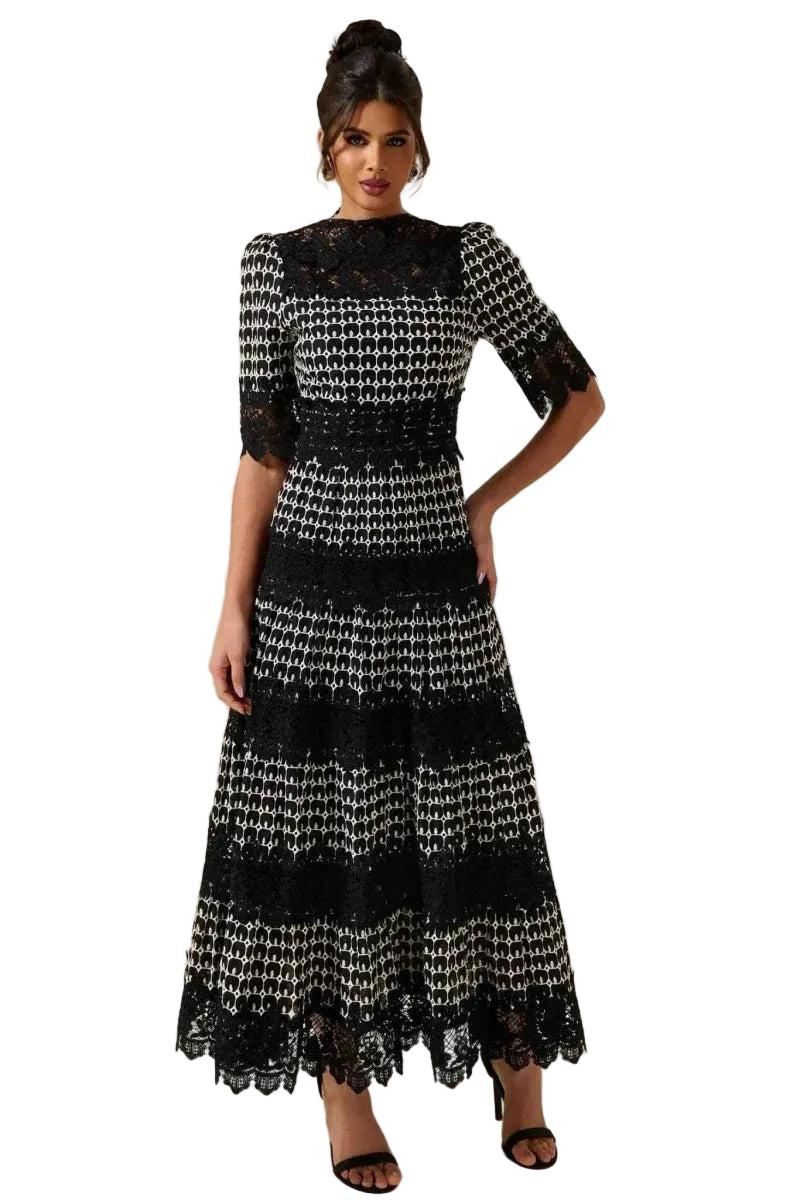 Damska Sukienka Maxi z Koronką i Wzorem Żakardowym-Maxi Dress-Olave